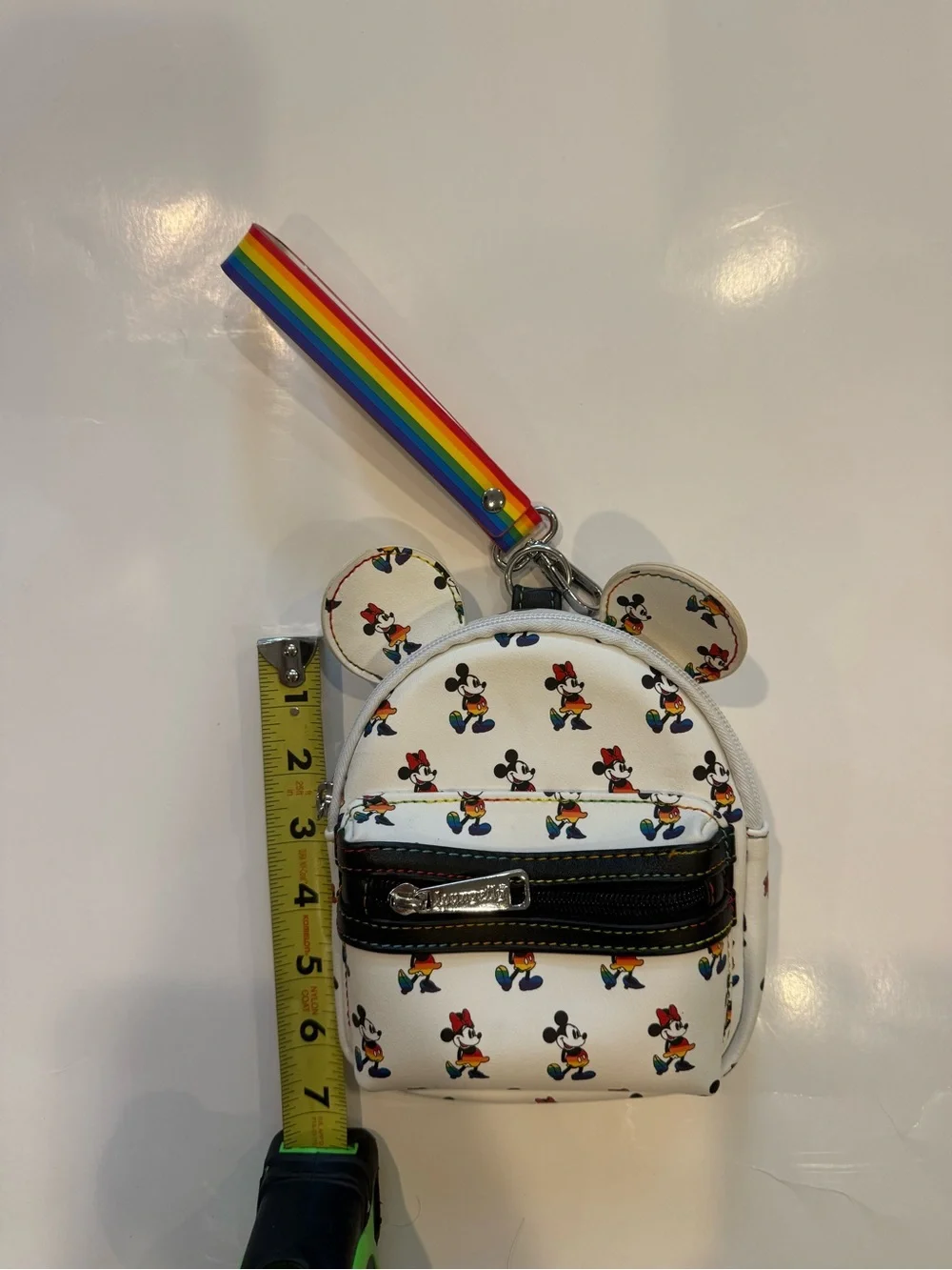 Disney White Mickey & Minnie Pattern Mini Backpack Wristlet with Rainbow Strap